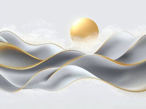Abstract landscape gold sun white waves modern art design wallpaper background texture