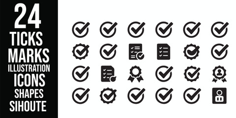 Leinwandbilder - Collection of twenty four black and white check mark icons and shapes in various designs and styles