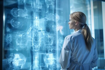 Poster - Scientist analyzing holographic projection of human body scan in futuristic laboratory