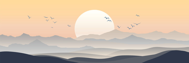Minimalistic mountain landscape, morning light and sun, vector illustration, panoramic view