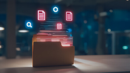 Fototapete - Digital Folder: A captivating visual of a digital folder, illuminated by glowing icons and data streams, symbolizing modern information management and data organization.