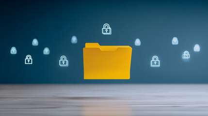 Poster - Digital Data Security: A visual representation of cybersecurity, featuring a secure folder icon surrounded by digital padlocks on a gradient background.