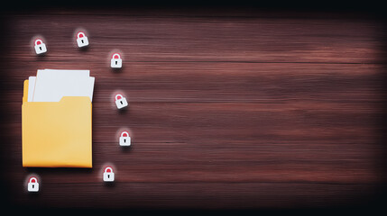 Poster - Data Protection Illustration: A visual representation of data security, with a file folder surrounded by padlocks on a rustic wooden surface.