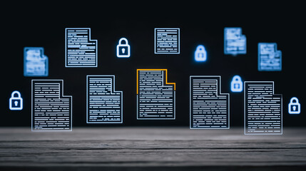 Poster - Cybersecurity: Data safety, with digital padlocks protecting sensitive document. This photorealistic image encapsulates the essence of digital security.