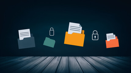 Poster - Data Security Visualization: A digital illustration portraying secure data storage, with folders containing documents and padlocks.