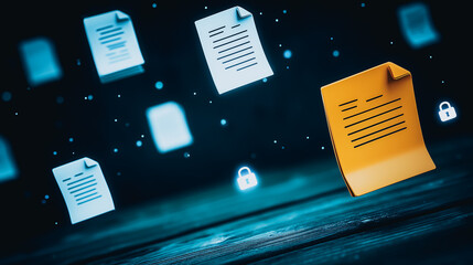 Poster - Secure Digital Documents: A conceptual image of floating documents, representing data security, with emphasis on the safeguarding of essential information through robust digital measures.