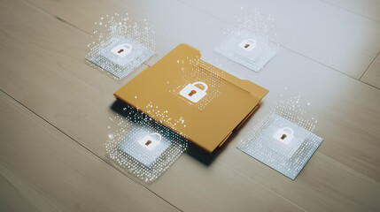 Poster - Protected Data: A conceptual representation of data security, showcasing a secure file folder surrounded by protected documents. The image conveys the core concept of digital data protection.