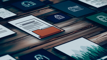 Poster - Confidential Documents Layout: A high-angle composition reveals a selection of essential documents arranged on a rustic wooden surface. This evokes sense of security, data protection, and privacy.