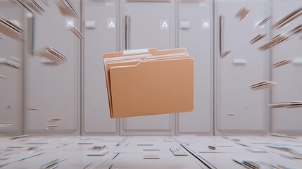 Fototapete - File Folder in Motion: A file folder hovers dynamically amid a flurry of paper documents in a high-tech environment, symbolizing information flow and data management.
