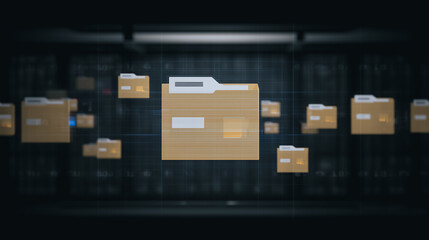 Fototapete - Digital Data Realm: A collection of floating file folders represents a complex data organization system within a digital network, showcasing data storage and management.