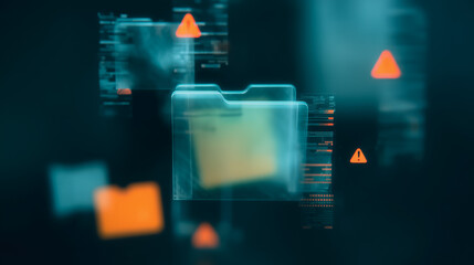 Poster - Data Breach Alert: Holographic folders overlaid with glowing warning signs indicate potential data breach issues in cyber space.