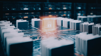 Poster - Cybersecurity Shield: A technological scene with a digital lock symbolizes data protection. The image conveys security and privacy, illustrating the safety of information in the digital realm.