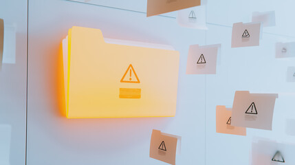 Fototapete - Attention to Files: A close-up shot showcases a glowing, digital file folder bearing a warning symbol, surrounded by other files, all signifying caution and alert.