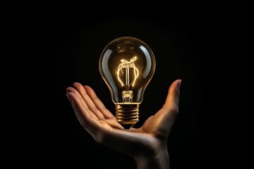 Poster - Two hands holding a glowing lightbulb on a black background, symbolizing innovation, creativity, and new ideas