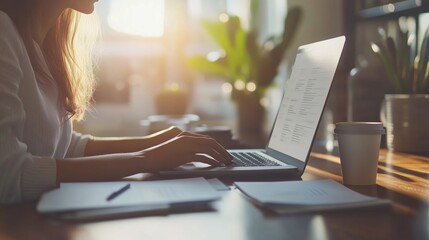 Poster - Focused person working on laptop in a bright, plant-filled workspace during the golden hour