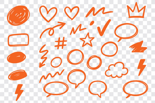 Line hand drawn marker arrow, heart, text highlight brush shape element set. Hand drawn sketch marker underline shape, arrow, star scribble brush pen stroke element. Vector illustration