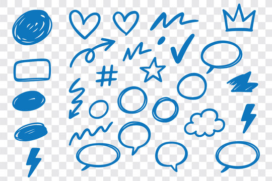 Line hand drawn marker arrow, heart, text highlight brush shape element set. Hand drawn sketch marker underline shape, arrow, star scribble brush pen stroke element. Vector illustration