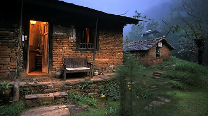 Poster - Rustic brick house with wooden bench and porch