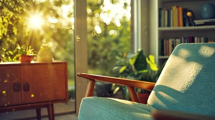 Poster - Sunlight streams into a room with a light teal armchair and wooden cabinet.