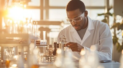 Poster - Scientist conducting research in modern laboratory with glassware during golden hour