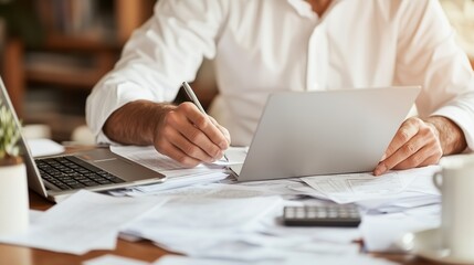 Poster - Business professional reviews documents and takes notes at cluttered desk in office during late afternoon