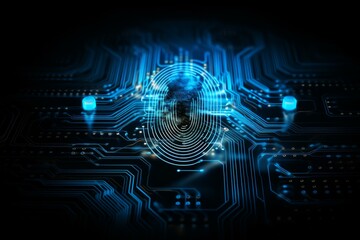 Poster - Fingerprint glowing on dark circuit board, representing cybersecurity, data protection, and access control in digital world