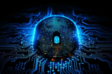 Poster - Fingerprint and padlock glowing on blue electronic circuit board, representing cybersecurity and data protection