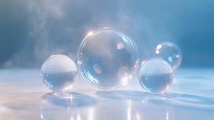 Poster - Crystal-clear water droplets reflecting light on a smooth surface with a soft blue background