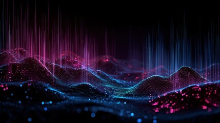 Fototapete - Abstract digital landscape with glowing particles and vibrant light streaks, creating a futuristic, energetic scene.