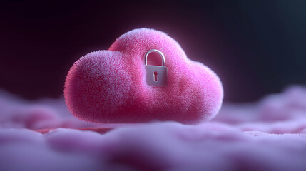 Aufkleber - A fluffy, pink cloud-shaped object with a silver padlock in the center, symbolizing secured or protected cloud storage.