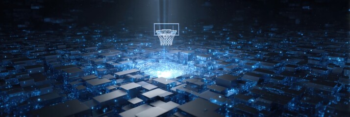 Poster - Digital basketball hoop descends into a glowing blue cube matrix, a futuristic sports concept.