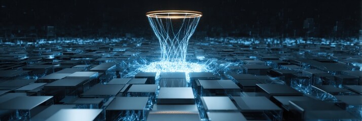 Fototapete - Digital data streams flow into a glowing futuristic basketball hoop, creating a vibrant energy field above a grid of dark cubes.