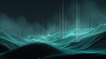 Poster - Ethereal digital landscape with glowing particles and vertical light beams creating a futuristic, otherworldly scene.