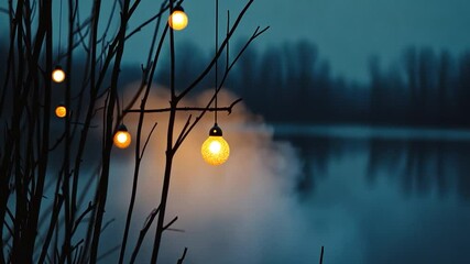 Poster - Silhouette of trees with warm-light bulbs over a calm lake at twilight