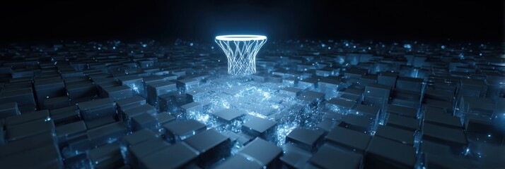 Poster - Futuristic basketball hoop glows brightly above a digital landscape of shimmering cubes, creating a surreal and dynamic scene.
