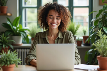 Poster - Young Woman Entrepreneur Thriving in Her Lush Home Office with Natural Light and Greenery, Focused and Confident in Her Online Business