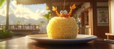 Animated crab character with a yellow dessert on a white plate in a tropical setting