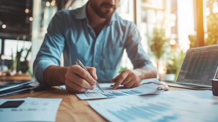 Poster - Business professional analyzing financial reports in a modern office during daylight hours
