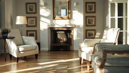 Poster - Sunlight streams into a sunlit hallway with light-colored furniture.