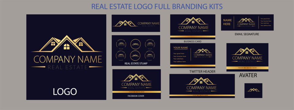 Real estate logo design with full branding business card, stumps, email signature, and social media kit