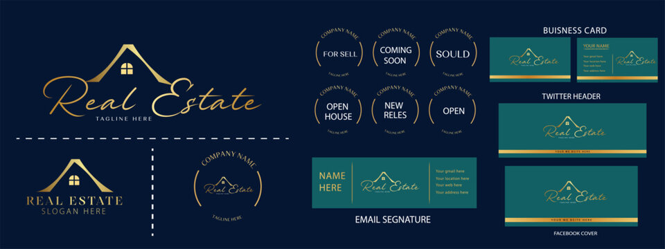 Real estate logo design with full branding business card, stumps, email signature, and social media kit