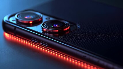 Poster - Close-up of a smartphone camera system with red accent lighting.