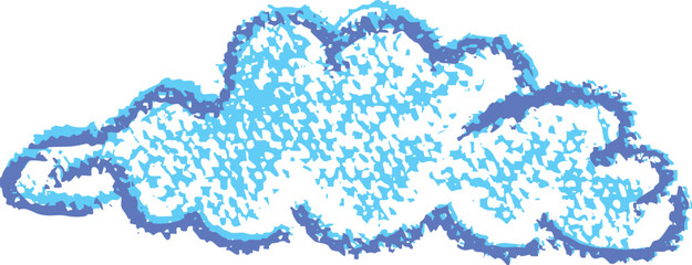 Poster - Crayon cloud icon like kid drawing in kindergarten. Painted with blue charcoal or wax pencil sky sign. Rough chalk texture vector illustration in children style. Cloudy weather symbol. Collage element