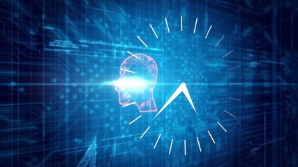 Poster - Bright flare emerging causing icons drifting as rotating clock encircling neon head showing timing
