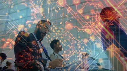 Poster - Camera panning activating circuit overlay as three professionals writing notes at tech conference