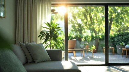 Poster - Soft sunlight streams into a living room with a view of a garden.