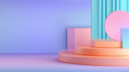 Poster - Abstract geometric composition featuring pastel-colored shapes and platforms in a serene setting