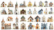 © Creative Nest - Collection of charming watercolor church illustrations in various architectural styles, featuring doors, towers, and steeples across diverse regions.