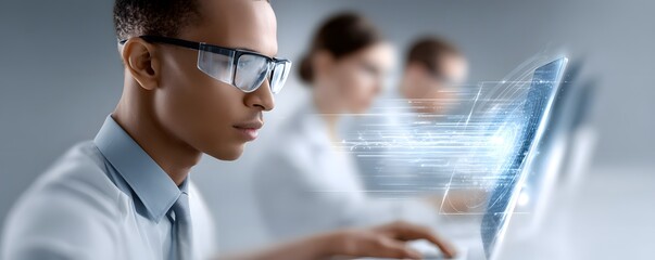 Poster - Documentary style image of data scientists analyzing clinical trial data, collaborative effort, multiple screens with complex data, innovative lab setting