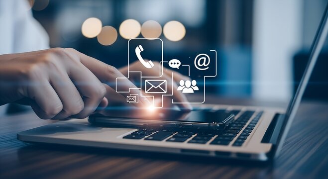 Hand using smartphone on laptop with digital contact icons technology communication